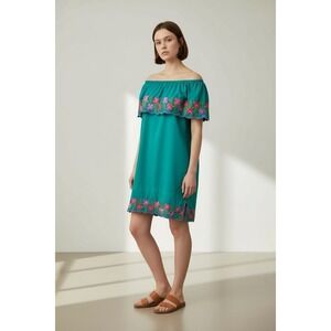 Vintage Mini Dress Mexican Embroidered Off Shoulder Floral Peasant Teal Large
